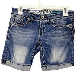 Hydraulic, Size 1/2, Y2K Denim Shorts, Low Rise, Contrast Stitching, Embroidered